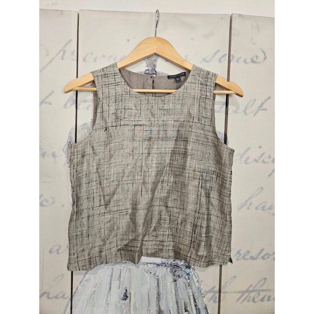 Eileen Fisher Sleeveless Top XXS Gray Silk Blend Crosshatch Print Lined Shell